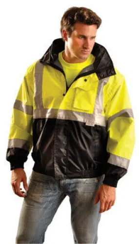 OccuNomix 3X Yellow And Black PVC Coated Polyester Class 3 Weather Resistant Black Bottom Bomber Jacket With Front Hook And Loop Closure, 1" Glossy Tape Striping, Side Elastic Straps And 1 Pocket