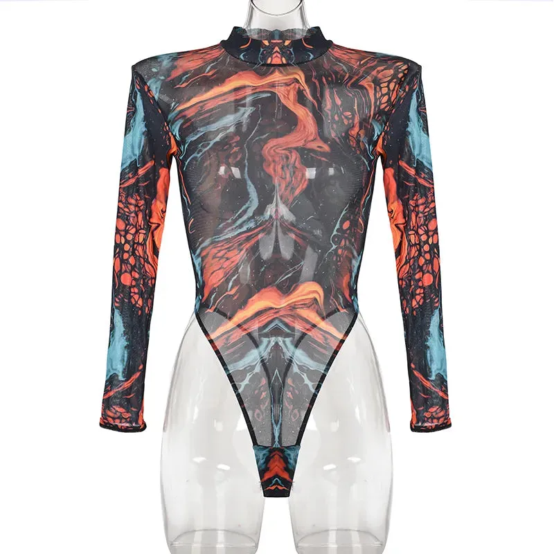 Oil Print Mesh Bodysuit