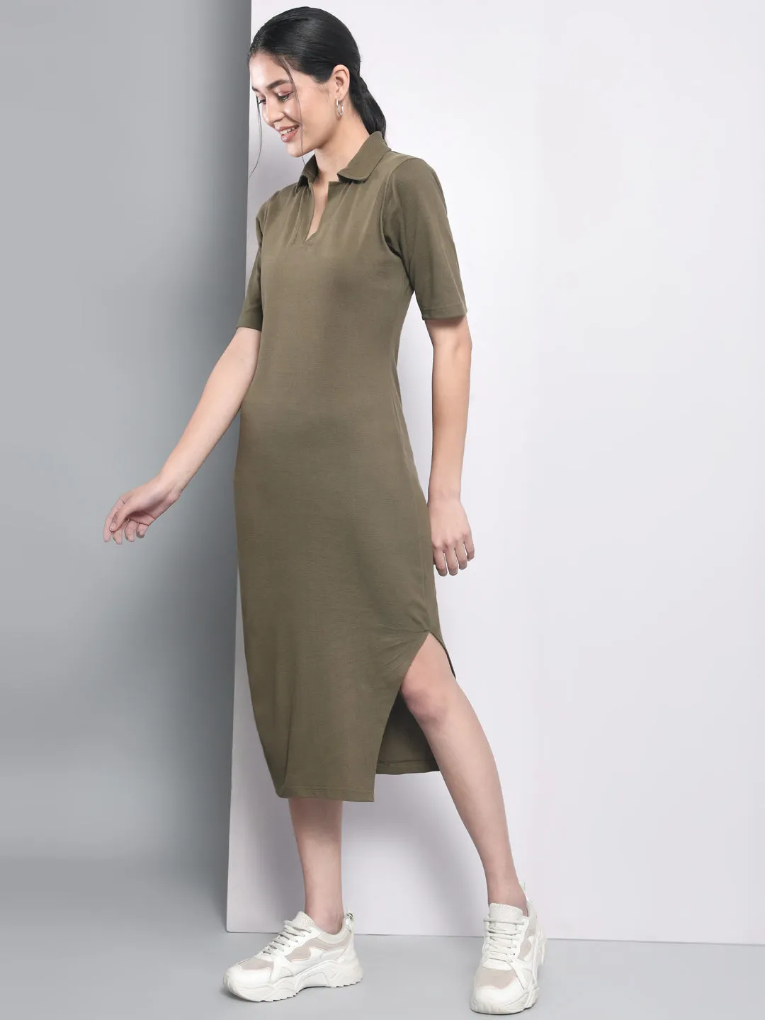 Olive Green Long Slit Dress