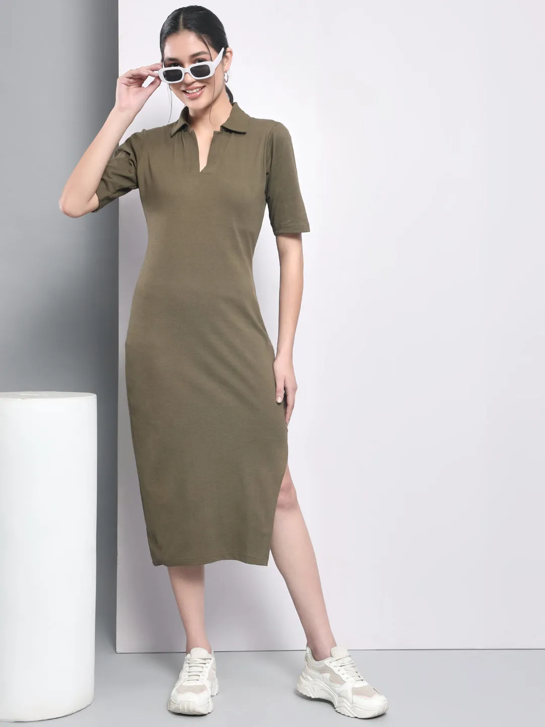 Olive Green Long Slit Dress