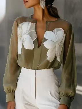 Olive Green Sheer Blouse with White Floral Printed