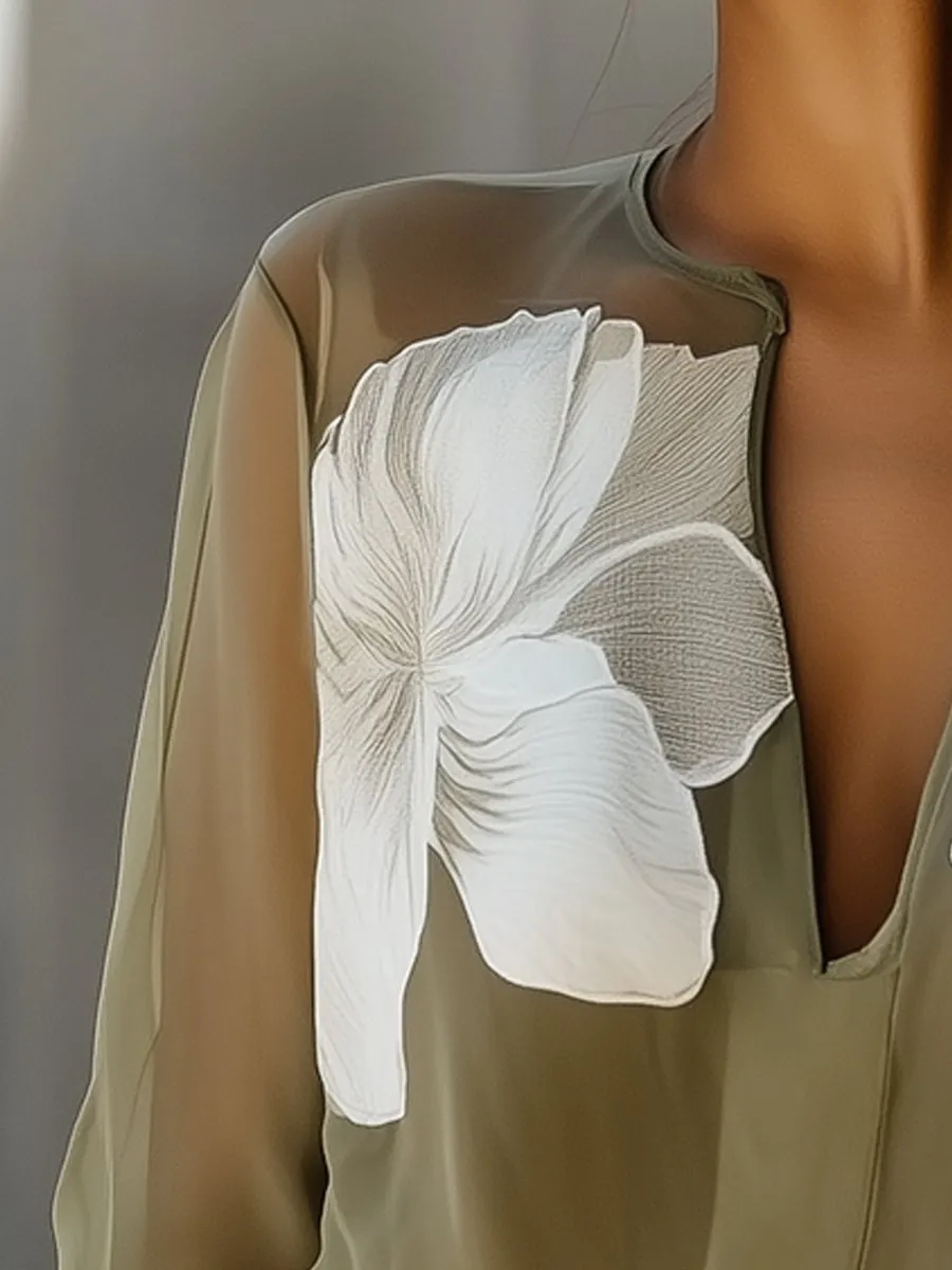 Olive Green Sheer Blouse with White Floral Printed