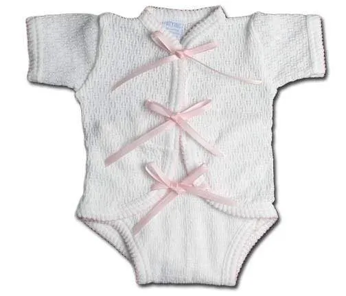 Paty Newborn Creeper with Ribbon Ties - White with Pink Trim