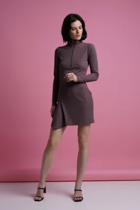 Purple high neck zip up mini dress