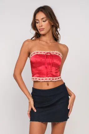 "December Fling" Red Satin Tube Crop Top w/ Lace Trim