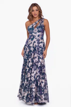 "Gwen" Long One Shoulder Wrap Foil Flower Dress
