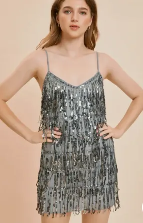 Silver Sequin Fringe Tiered Mini Dress