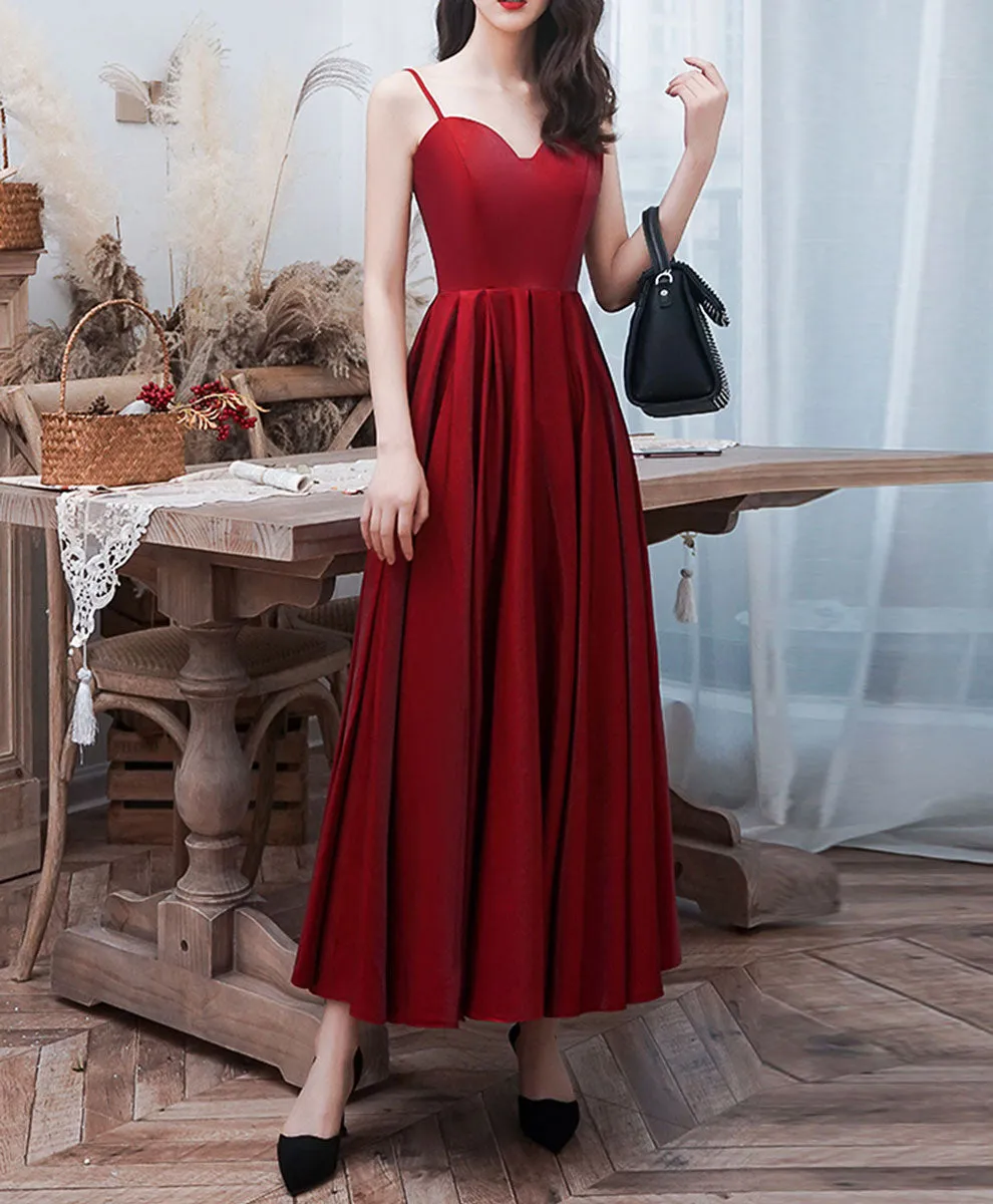 Simple Burgundy Sweetheart Neck Prom Dress, Burgundy Tea Length Evening Dress