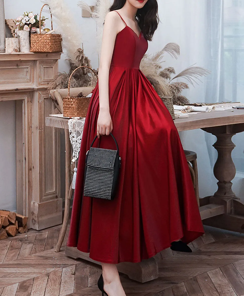 Simple Burgundy Sweetheart Neck Prom Dress, Burgundy Tea Length Evening Dress