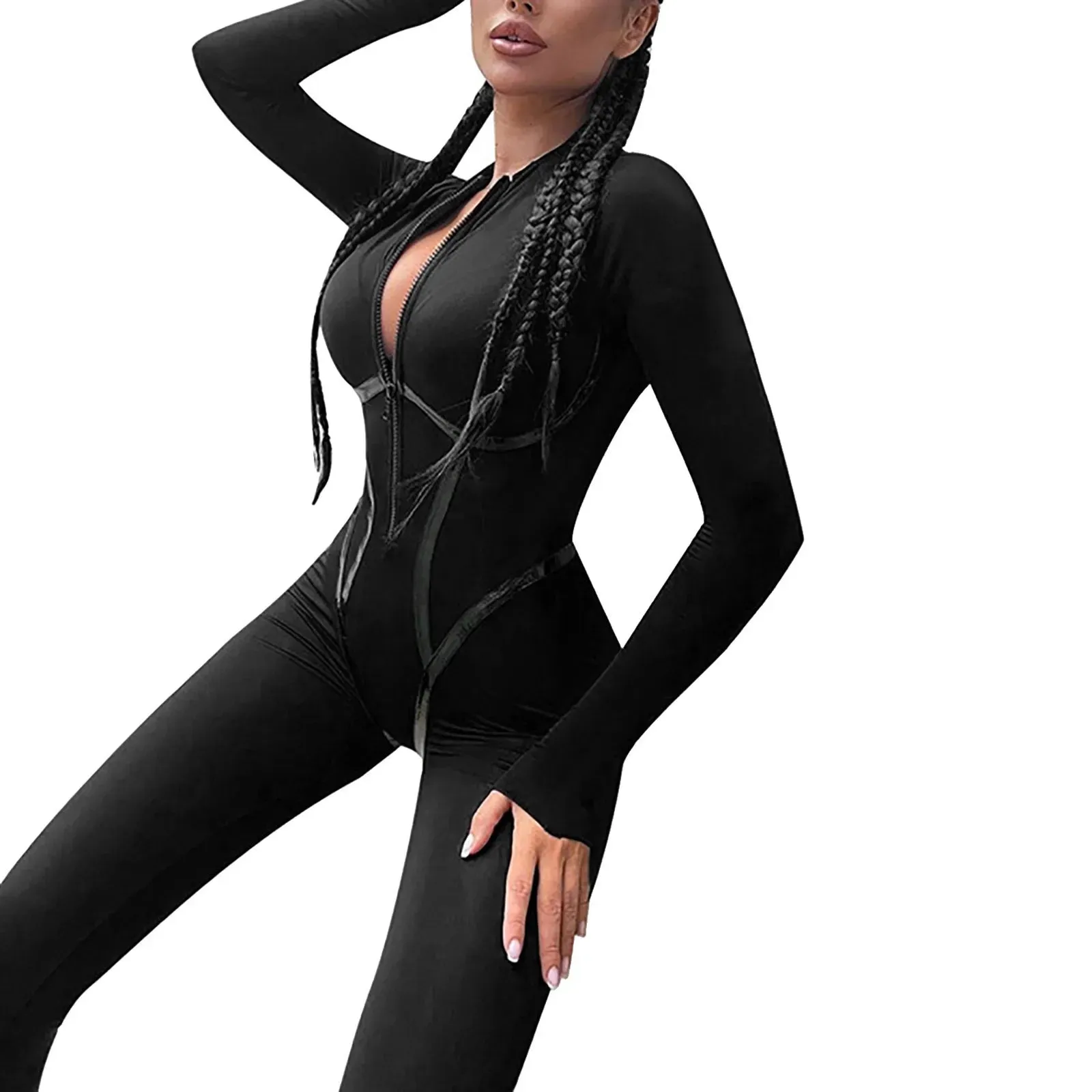 Skinny Black Jumpsuit for Women – Sexy Zip Up Bodycon Overalls for Casual Streetwear