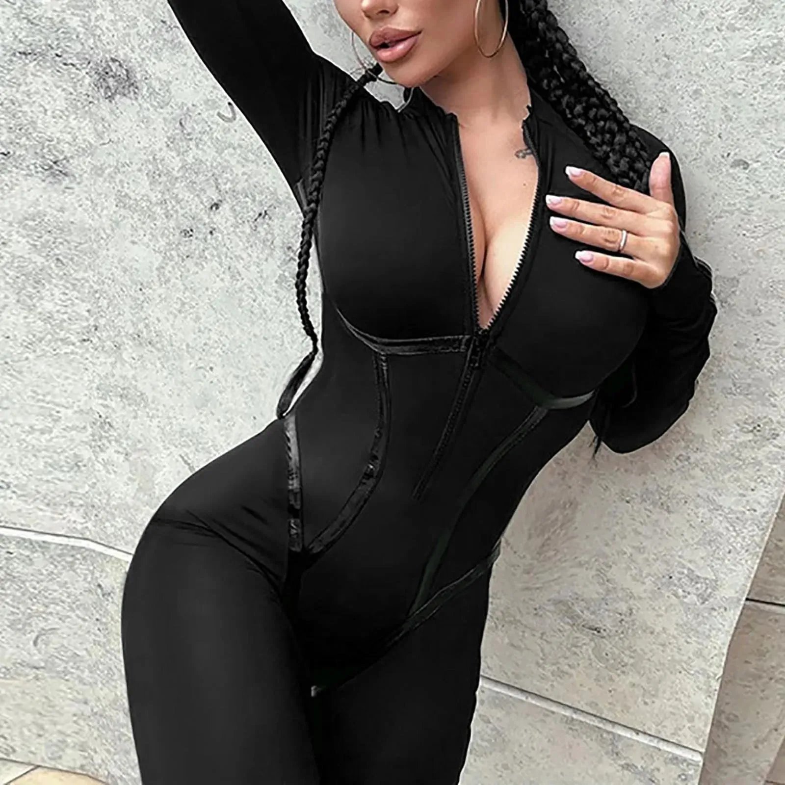 Skinny Black Jumpsuit for Women – Sexy Zip Up Bodycon Overalls for Casual Streetwear
