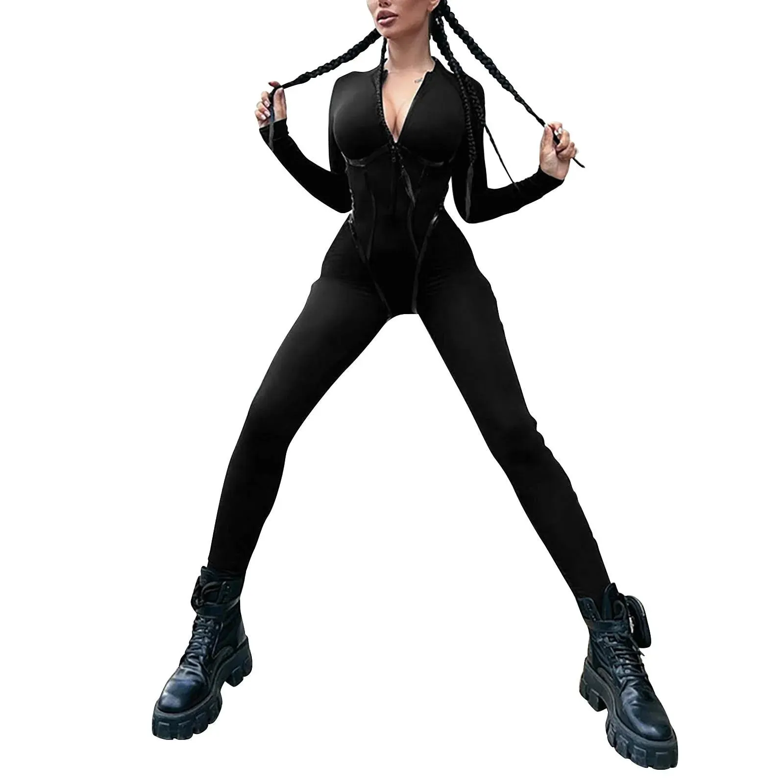 Skinny Black Jumpsuit for Women – Sexy Zip Up Bodycon Overalls for Casual Streetwear
