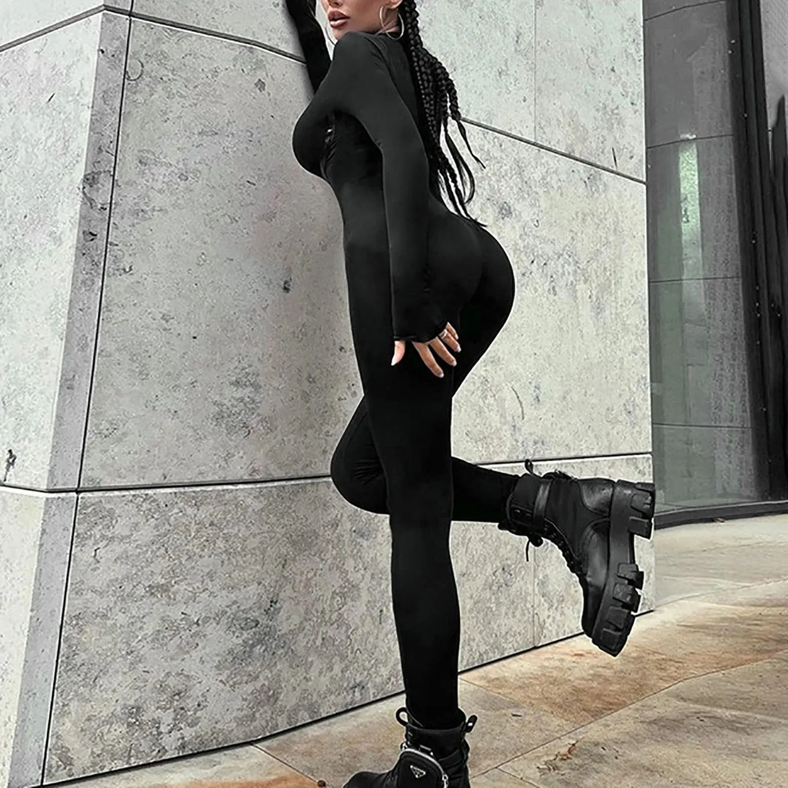 Skinny Black Jumpsuit for Women – Sexy Zip Up Bodycon Overalls for Casual Streetwear
