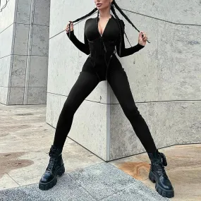 Skinny Black Jumpsuit for Women – Sexy Zip Up Bodycon Overalls for Casual Streetwear