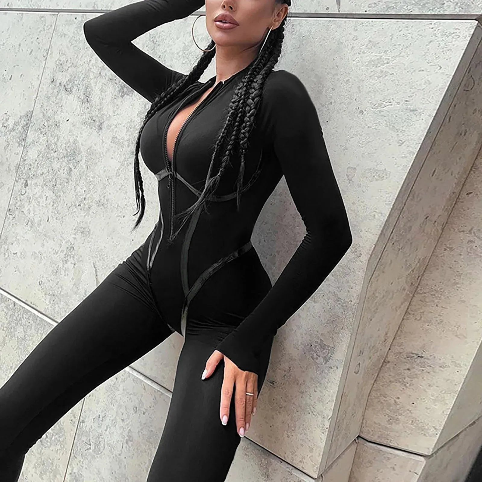 Skinny Black Jumpsuit for Women – Sexy Zip Up Bodycon Overalls for Casual Streetwear