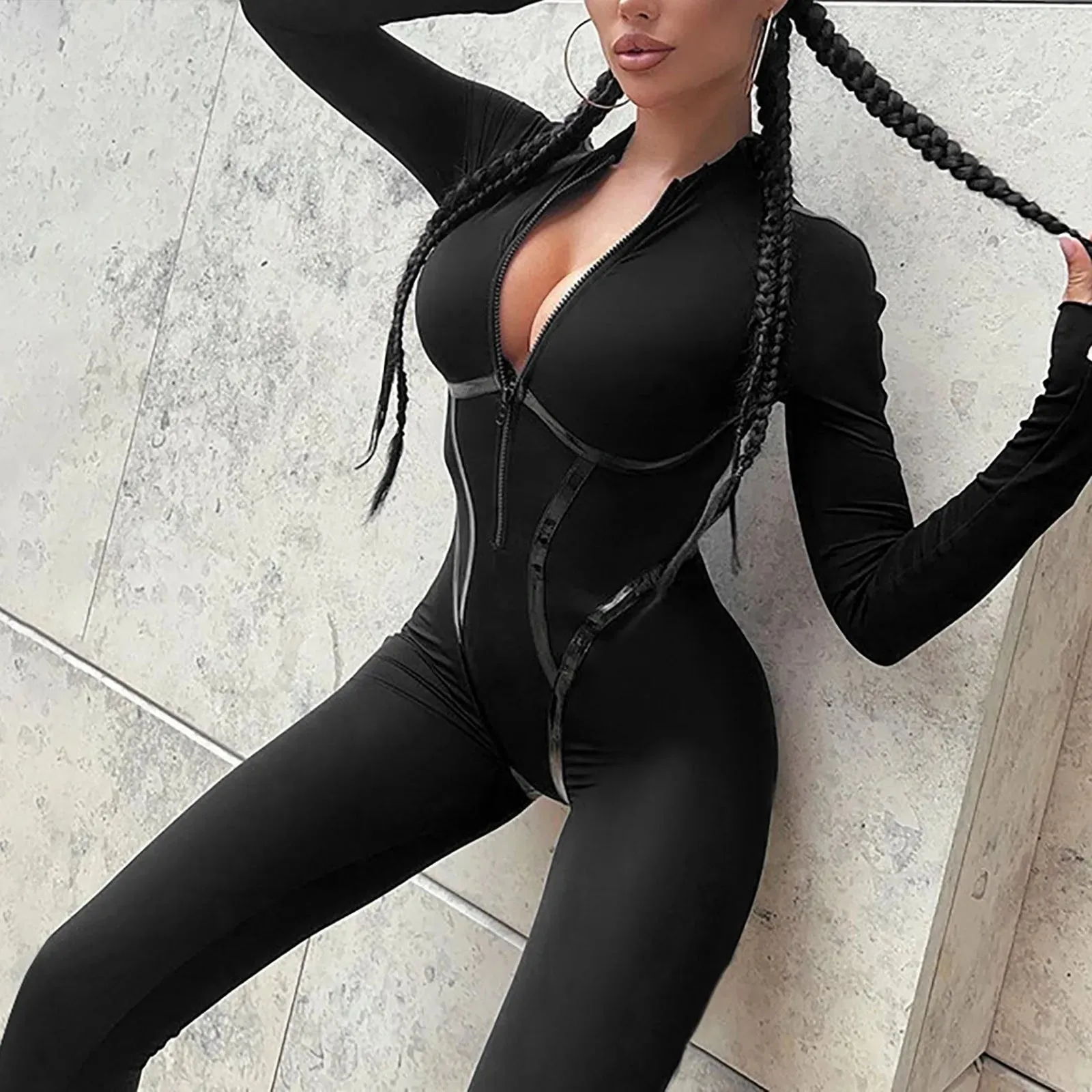 Skinny Black Jumpsuit for Women – Sexy Zip Up Bodycon Overalls for Casual Streetwear