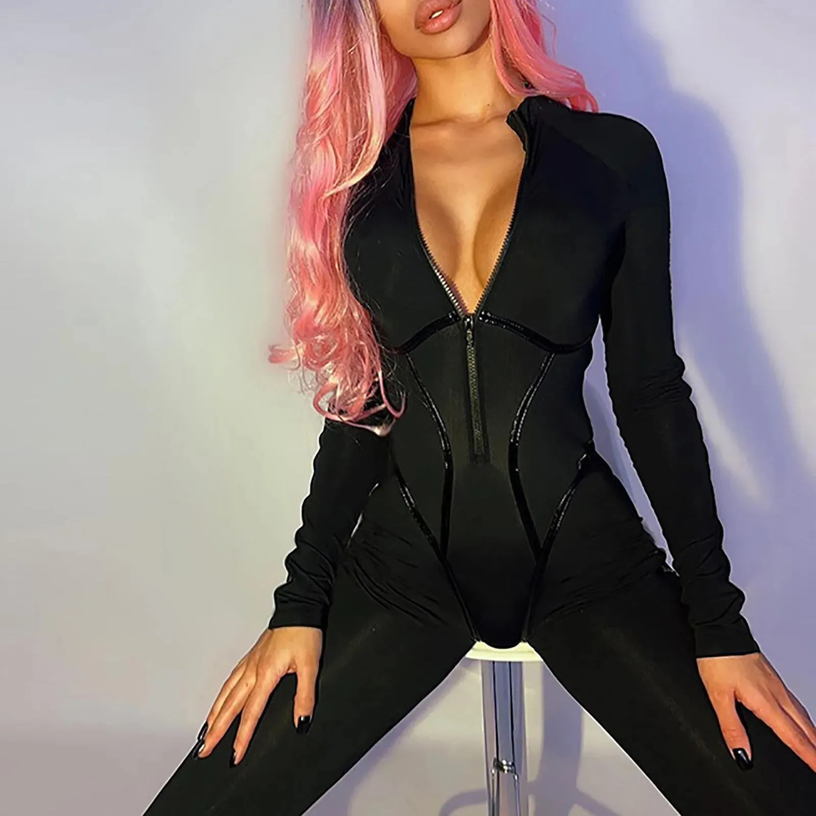 Skinny Black Jumpsuit for Women – Sexy Zip Up Bodycon Overalls for Casual Streetwear