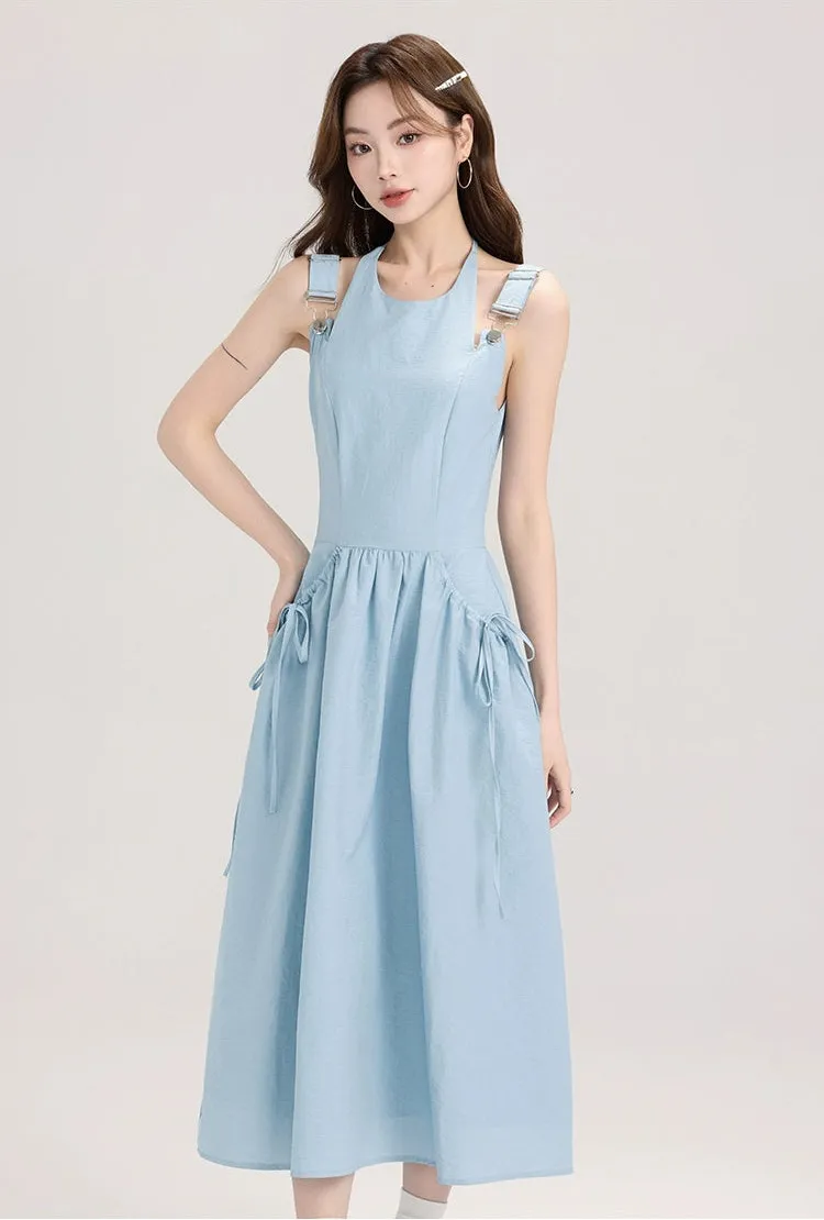 Sleeveless Midi Dress with Bow Tie Pockets