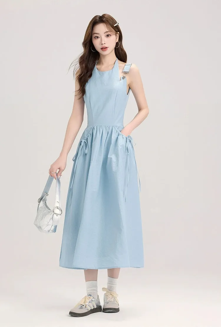 Sleeveless Midi Dress with Bow Tie Pockets