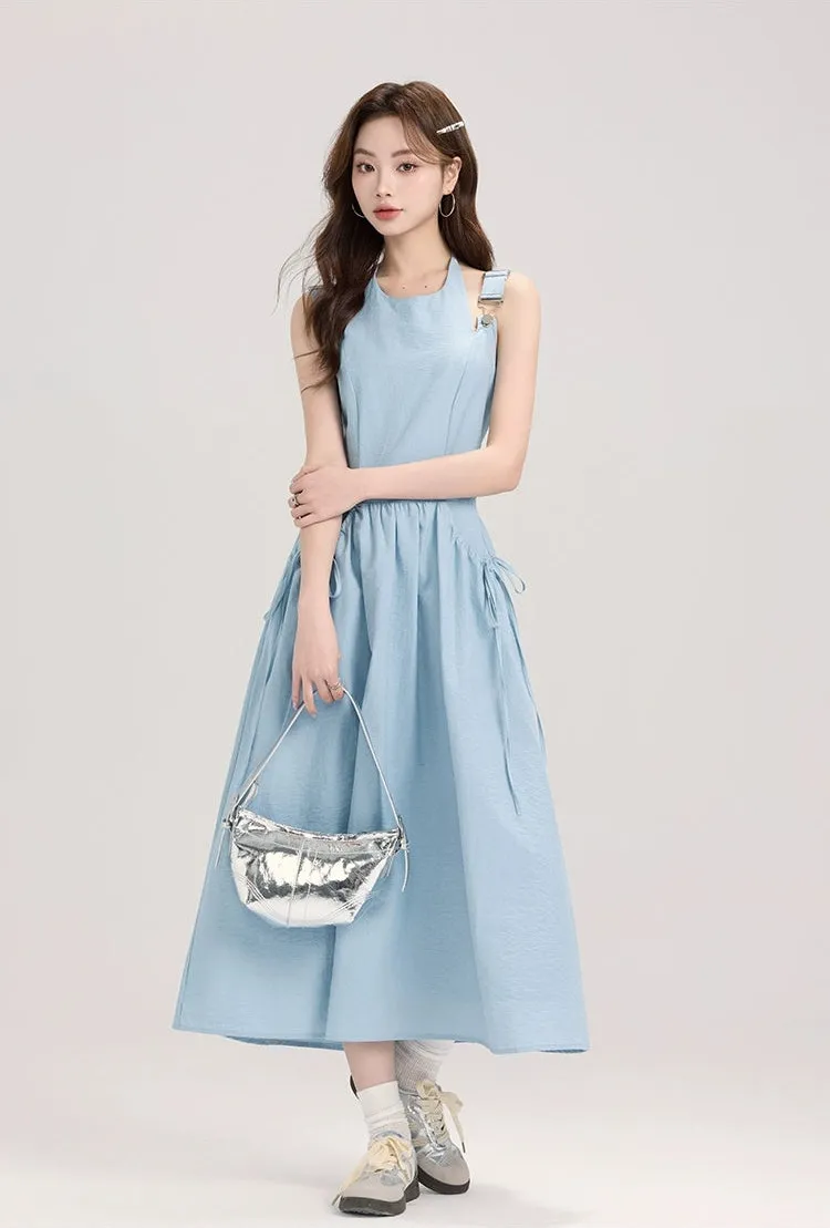 Sleeveless Midi Dress with Bow Tie Pockets