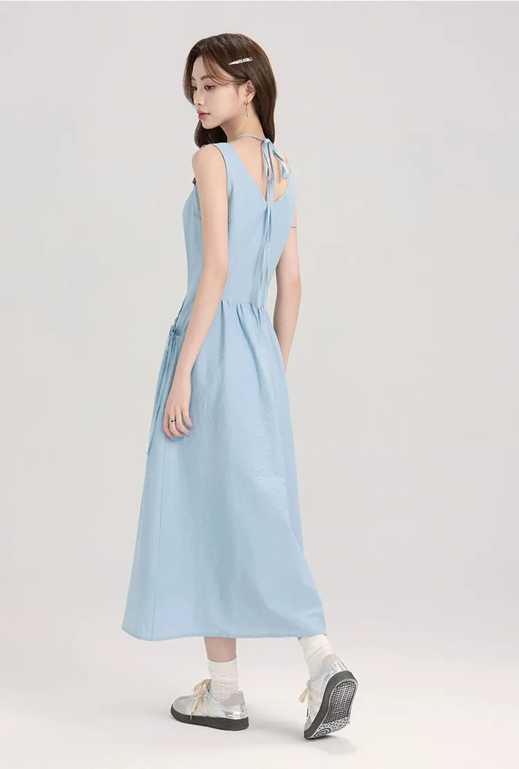 Sleeveless Midi Dress with Bow Tie Pockets