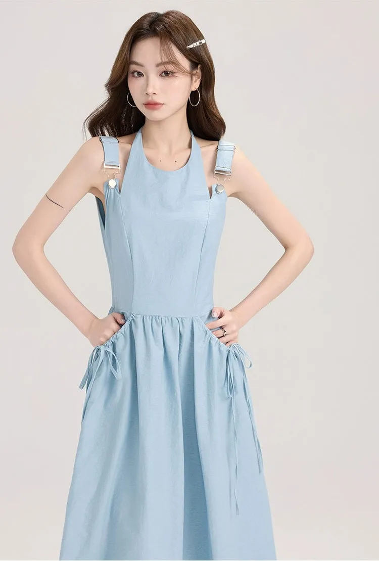 Sleeveless Midi Dress with Bow Tie Pockets