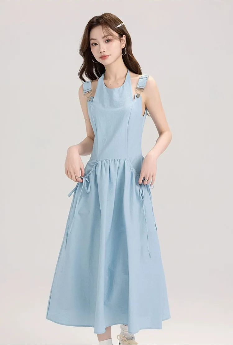 Sleeveless Midi Dress with Bow Tie Pockets