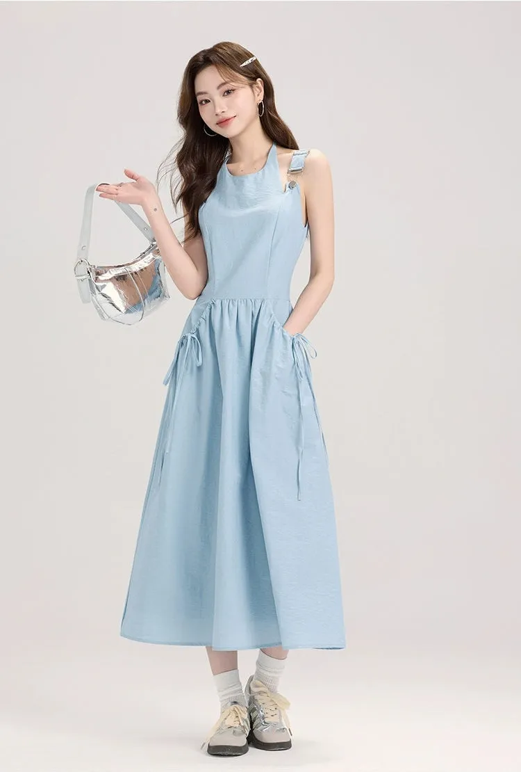 Sleeveless Midi Dress with Bow Tie Pockets
