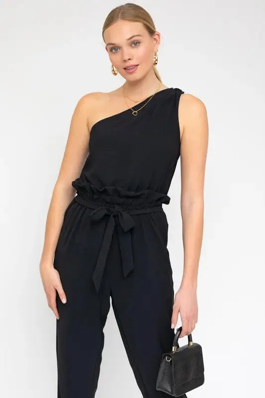 Sleeveless One Shoulder Waist Tie Jumpsuit