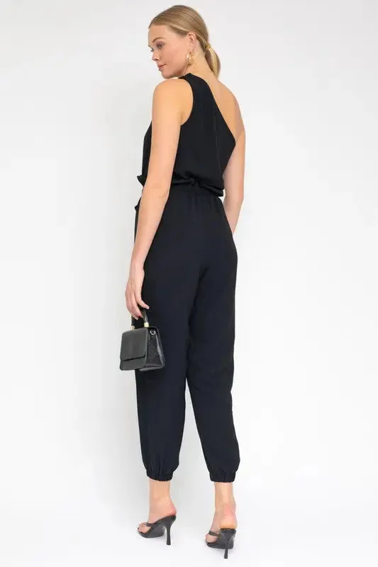 Sleeveless One Shoulder Waist Tie Jumpsuit