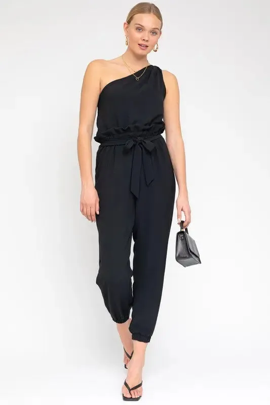 Sleeveless One Shoulder Waist Tie Jumpsuit