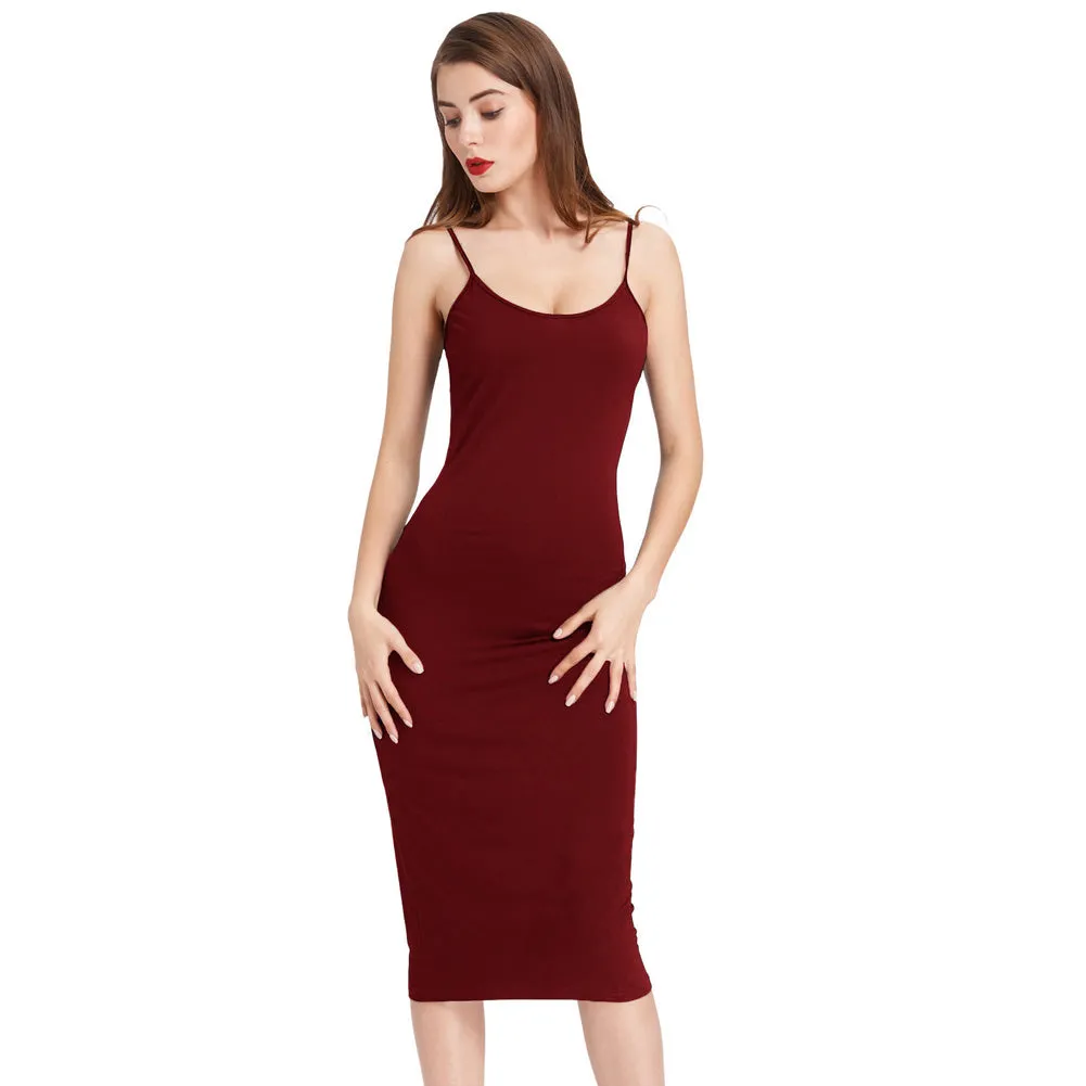 Stretch Spaghetti Strap Plain Long Tank Top Slim Bodycon Mini Dress
