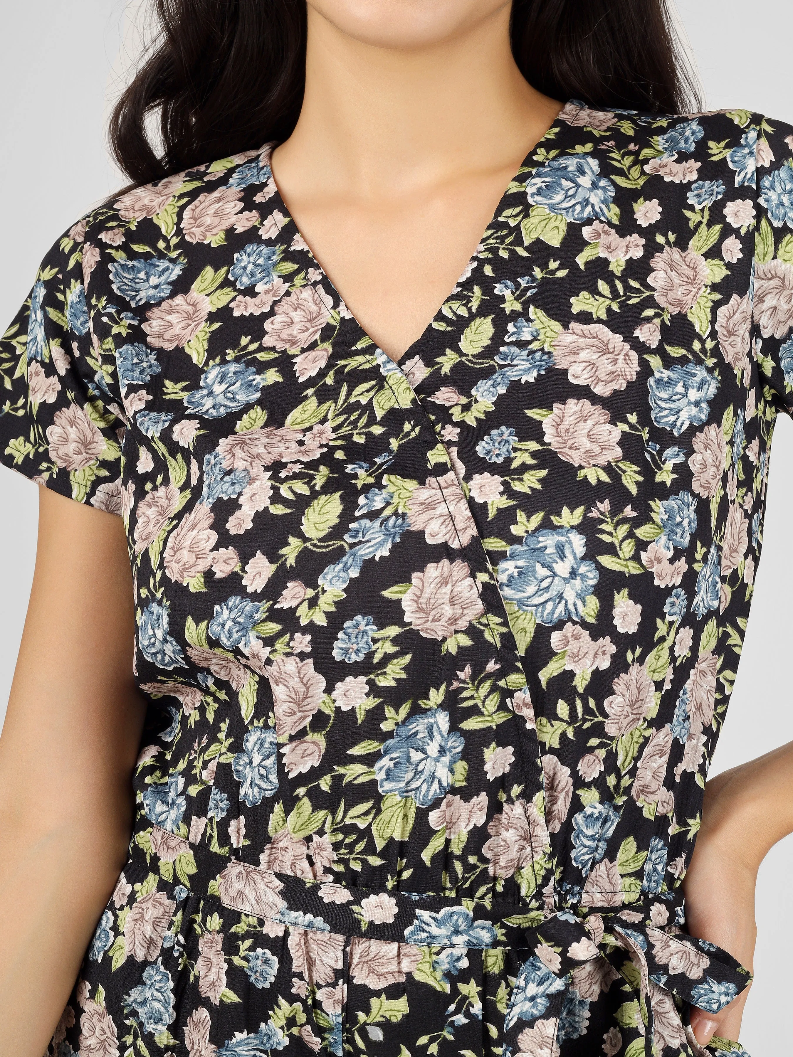Stylish Black Floral Printed Jumpsuit with Tie-up knot in front