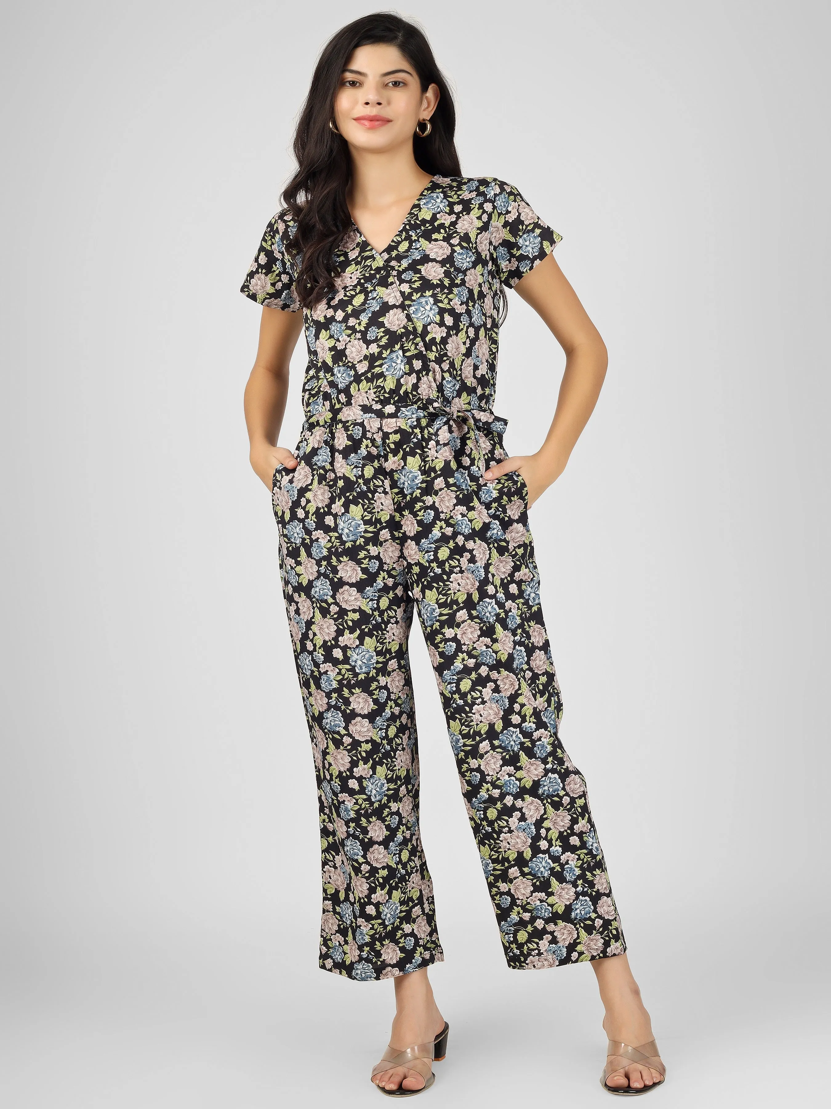 Stylish Black Floral Printed Jumpsuit with Tie-up knot in front