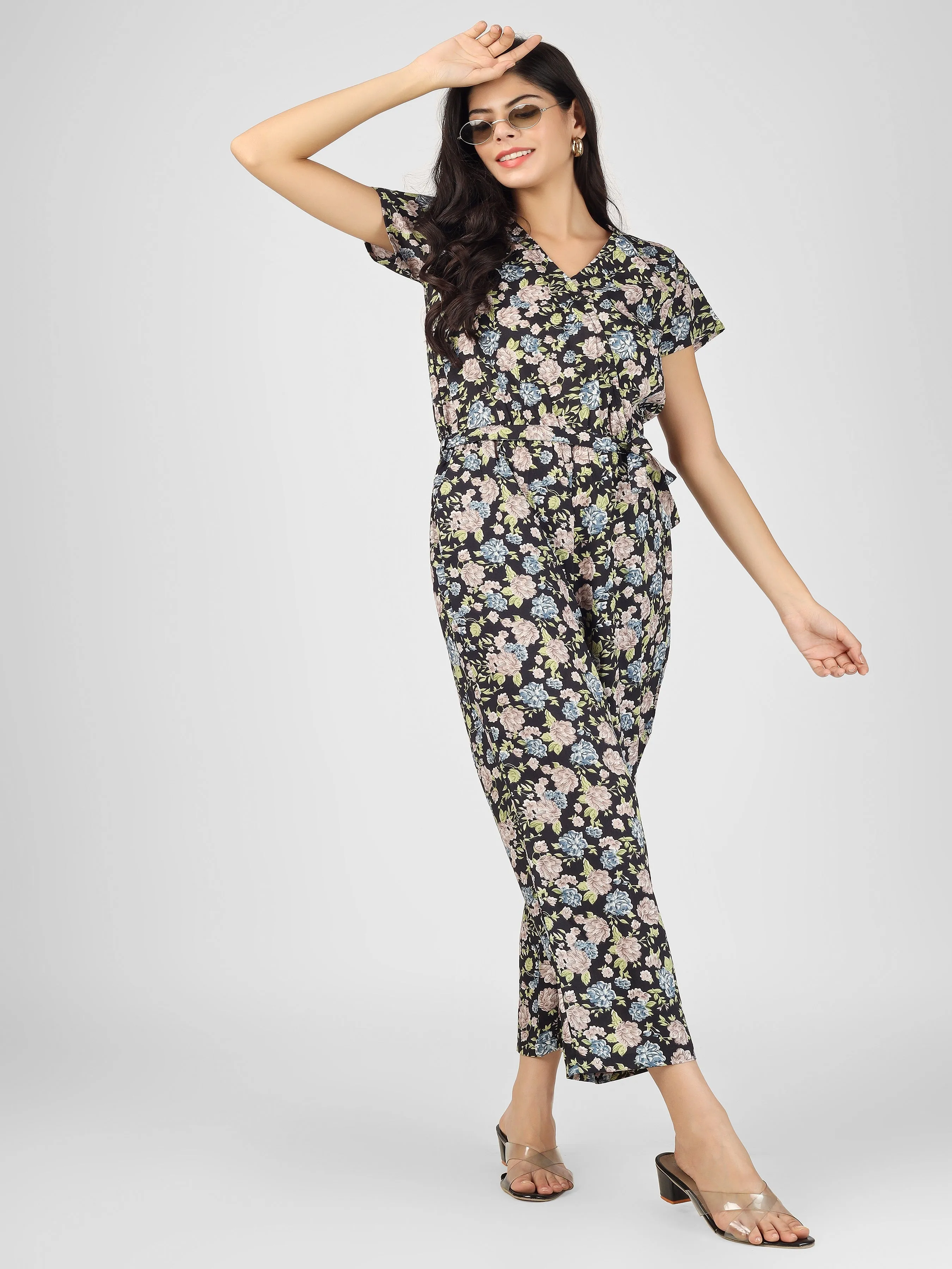 Stylish Black Floral Printed Jumpsuit with Tie-up knot in front