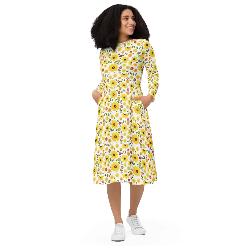 Sunshine Yellow Long Sleeve Midi Dress