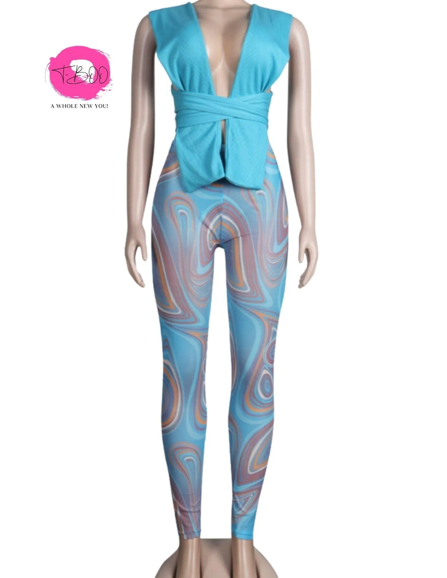 T-BOO Women 2 Pieces Set Low-Neck Solid Hollow Lace Up Corset Top Stripe Swirl Print Pants Elastic Skinny Sporty Street Outfits