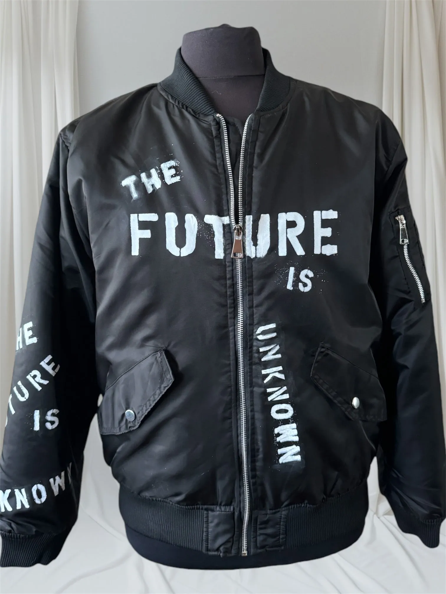 THE FUTURE IS UNKNOWN Mens Bomber Jacket, Large (Custom Order in any size)