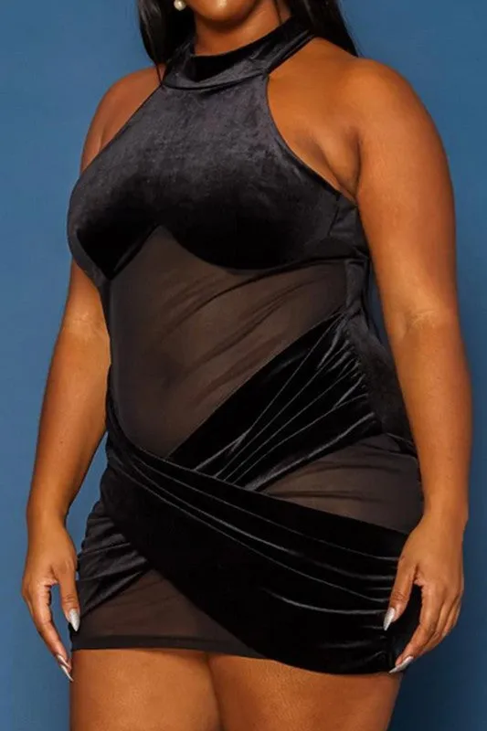 Velvet Mesh Contrast Bodycon Mini Dress - Plus Size