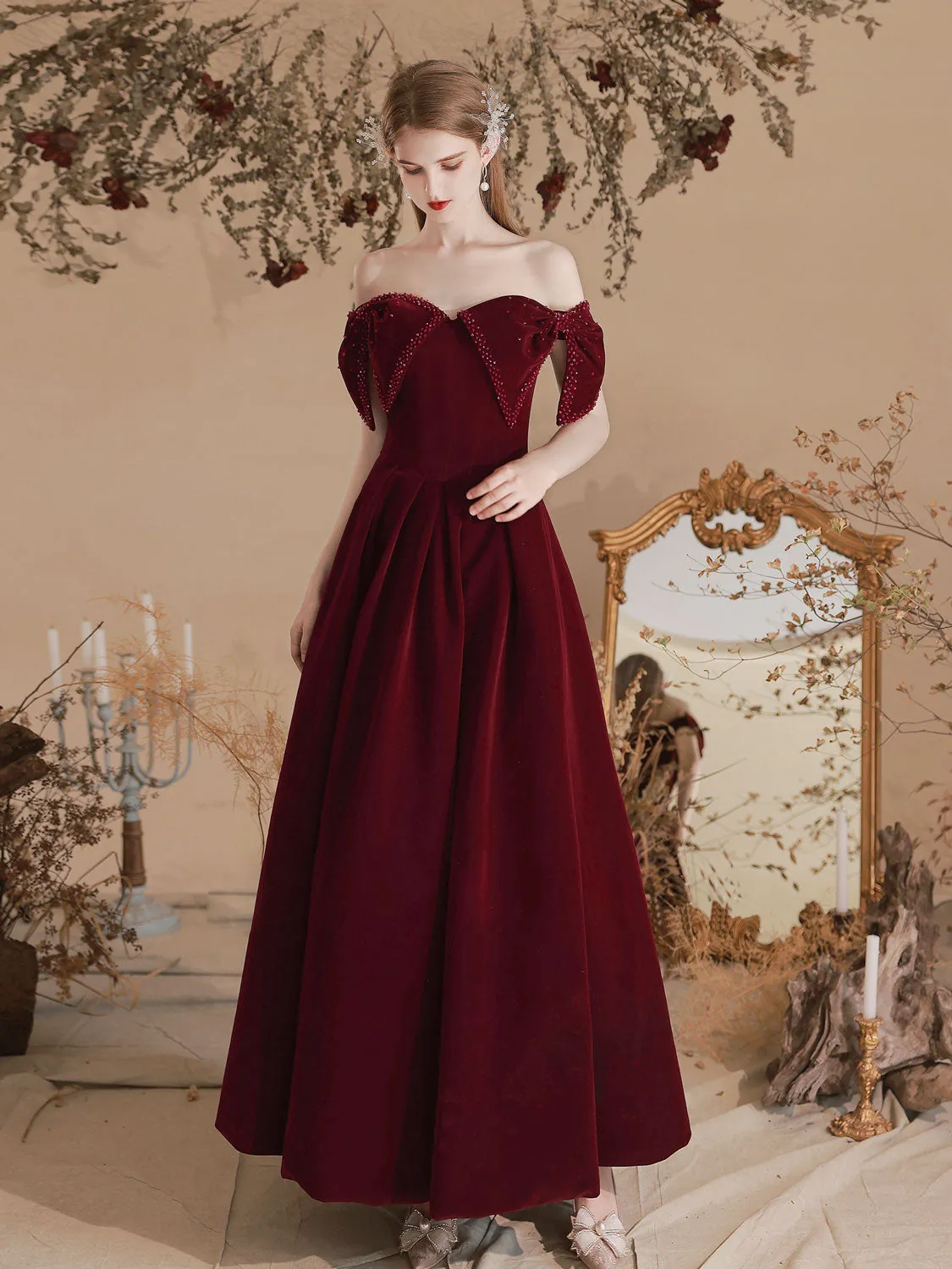 Velvet Sweetheart Neck A-Line Burgundy Prom Dress, Burgundy Evening Dresses
