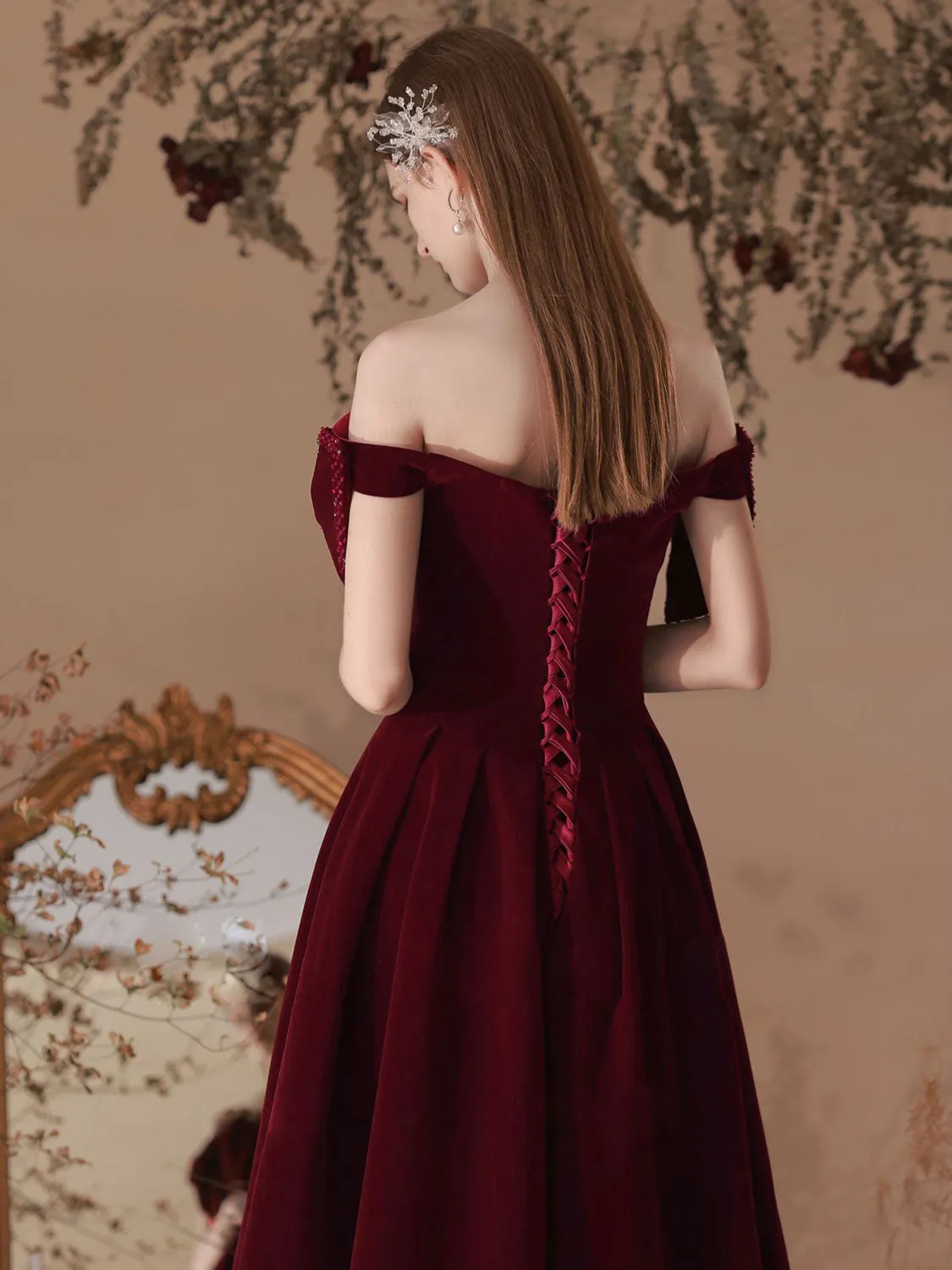 Velvet Sweetheart Neck A-Line Burgundy Prom Dress, Burgundy Evening Dresses
