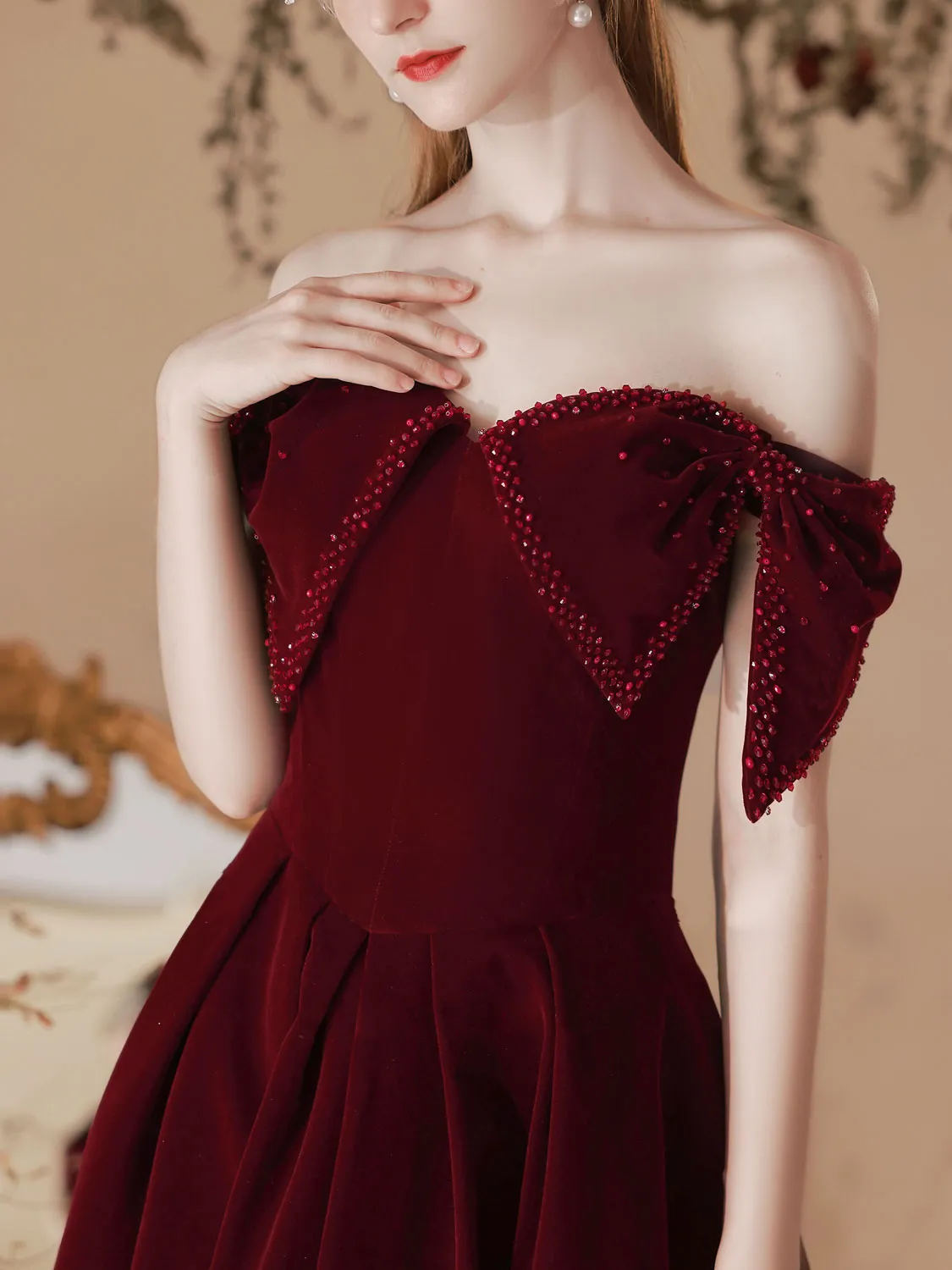 Velvet Sweetheart Neck A-Line Burgundy Prom Dress, Burgundy Evening Dresses