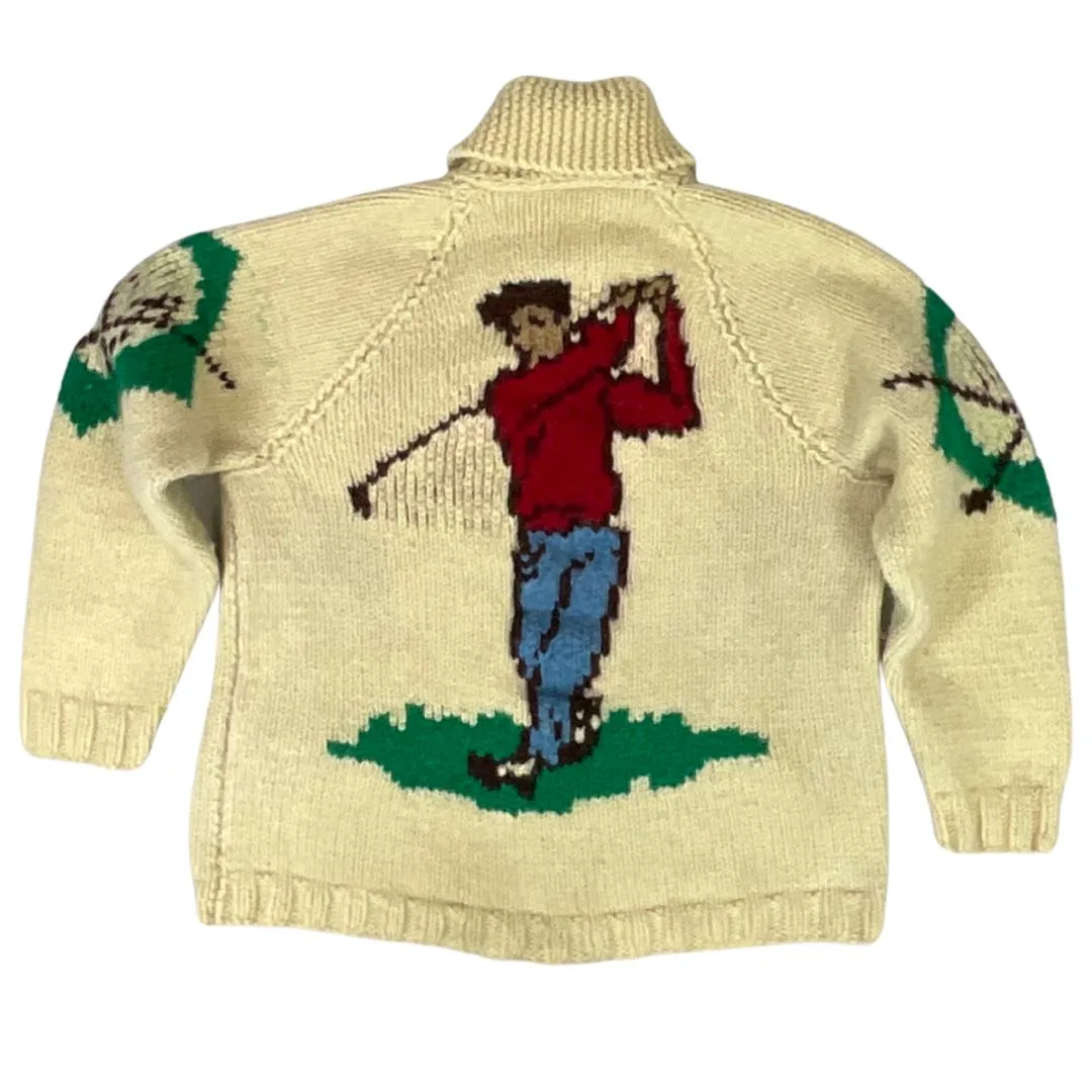 VINTAGE 1950s MENS CREAM COWICHAN GOLF GRAPHIC KNIT ROCKABILLY CARDIGAN M 42”