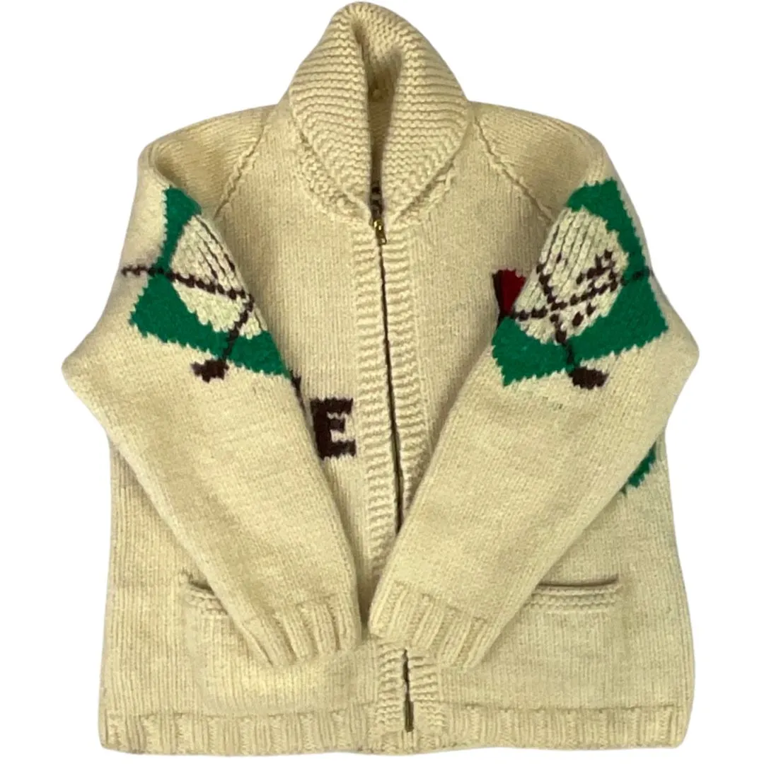 VINTAGE 1950s MENS CREAM COWICHAN GOLF GRAPHIC KNIT ROCKABILLY CARDIGAN M 42”