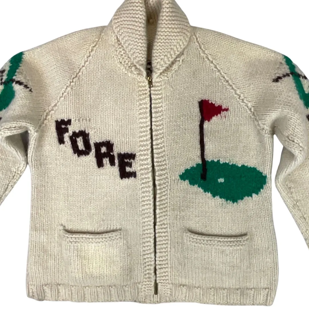 VINTAGE 1950s MENS CREAM COWICHAN GOLF GRAPHIC KNIT ROCKABILLY CARDIGAN M 42”