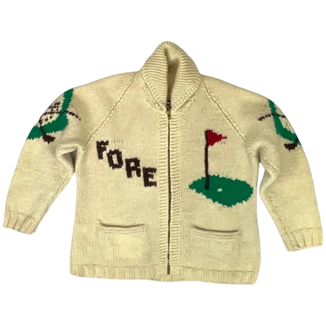 VINTAGE 1950s MENS CREAM COWICHAN GOLF GRAPHIC KNIT ROCKABILLY CARDIGAN M 42”