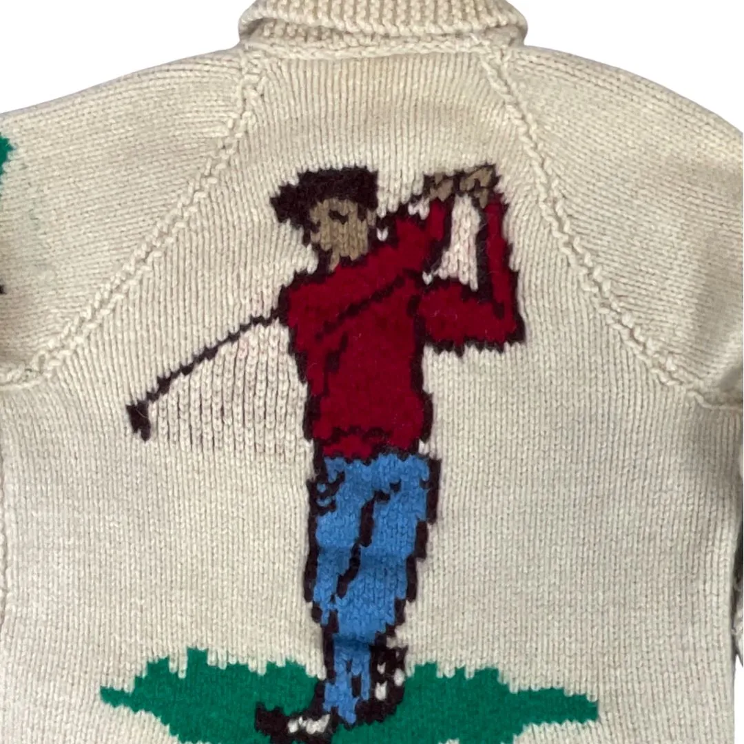 VINTAGE 1950s MENS CREAM COWICHAN GOLF GRAPHIC KNIT ROCKABILLY CARDIGAN M 42”