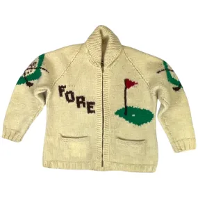 VINTAGE 1950s MENS CREAM COWICHAN GOLF GRAPHIC KNIT ROCKABILLY CARDIGAN M 42”