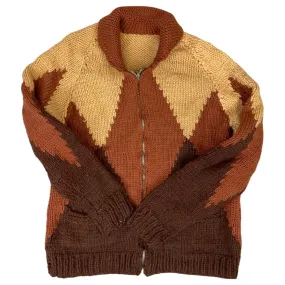 VINTAGE 1960S MENS BROWN WOOL COWICHAN GRAPHIC KNIT ROCKABILLY CARDIGAN 36” S