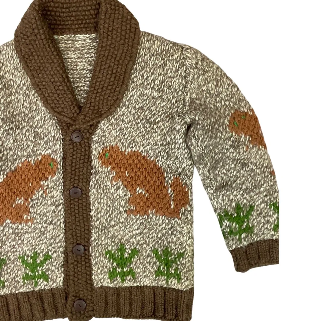 VINTAGE 1970s MENS BROWN COWICHAN BEAVER GRAPHIC KNIT ROCKABILLY CARDIGAN S 36”